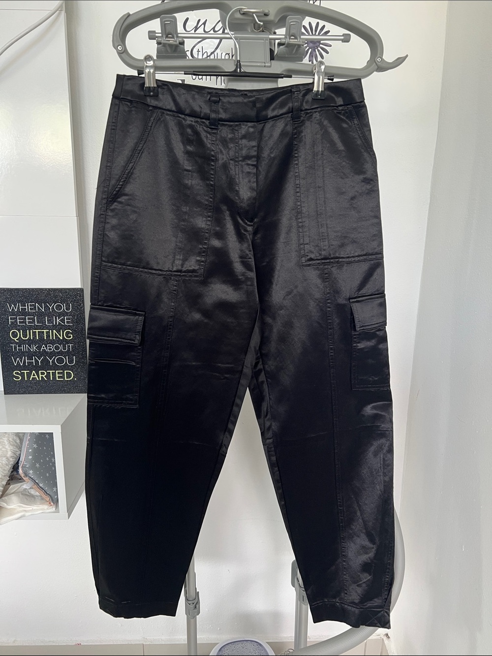 Donna Karan Black Satin-Look Boyfriend Cargo Jeans